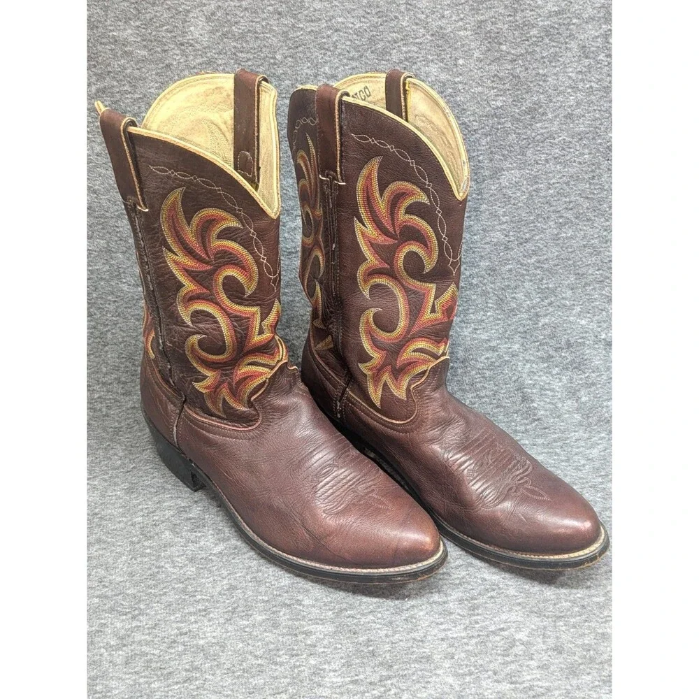 Durango DB933 VTG Brown Leather Cowboy Boots Men's 11.5 D Western Flame Stitch